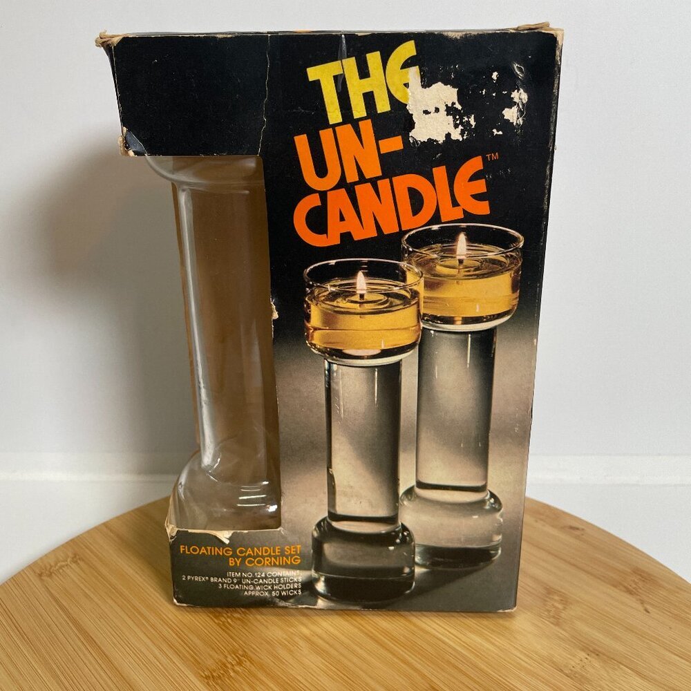 Vintage Corning Pyrex The Un-Candle 124 Glass Floating 9" Candle Set Wicks